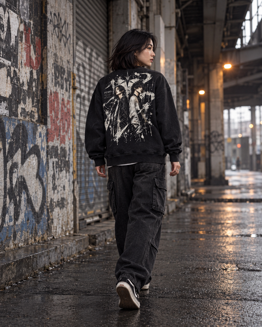 PARALLEL — SHADE sweatshirt, back view. AI-composited styling image based on a sample photograph; not an unedited model photo.